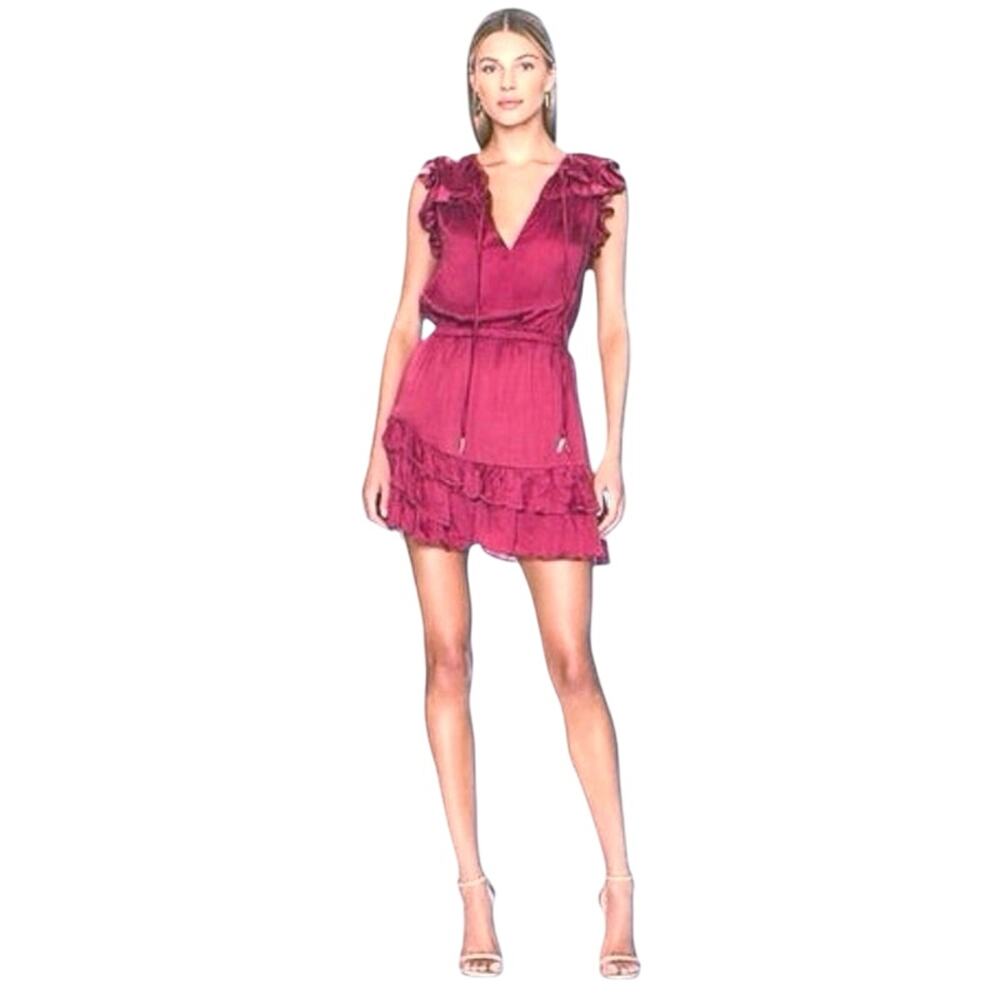 Karina Grimaldi Sabrina Ruffled V-Neck Silk Mini Dress EUC Rust Pink Size Small